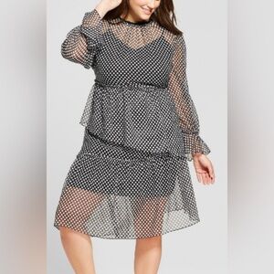 Who What Wear Black and White Polka Dot Tiered Mesh Dress